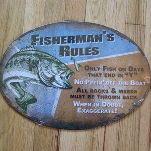 NEW River's Edge Products Oval Tin Sign Fishermans Rules Weatherproof 17" x 12"